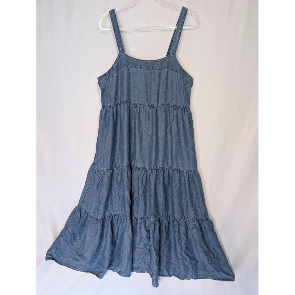 The Drop Women Blue Tiered Denim Midi Dress Square Neck Pockets Size L